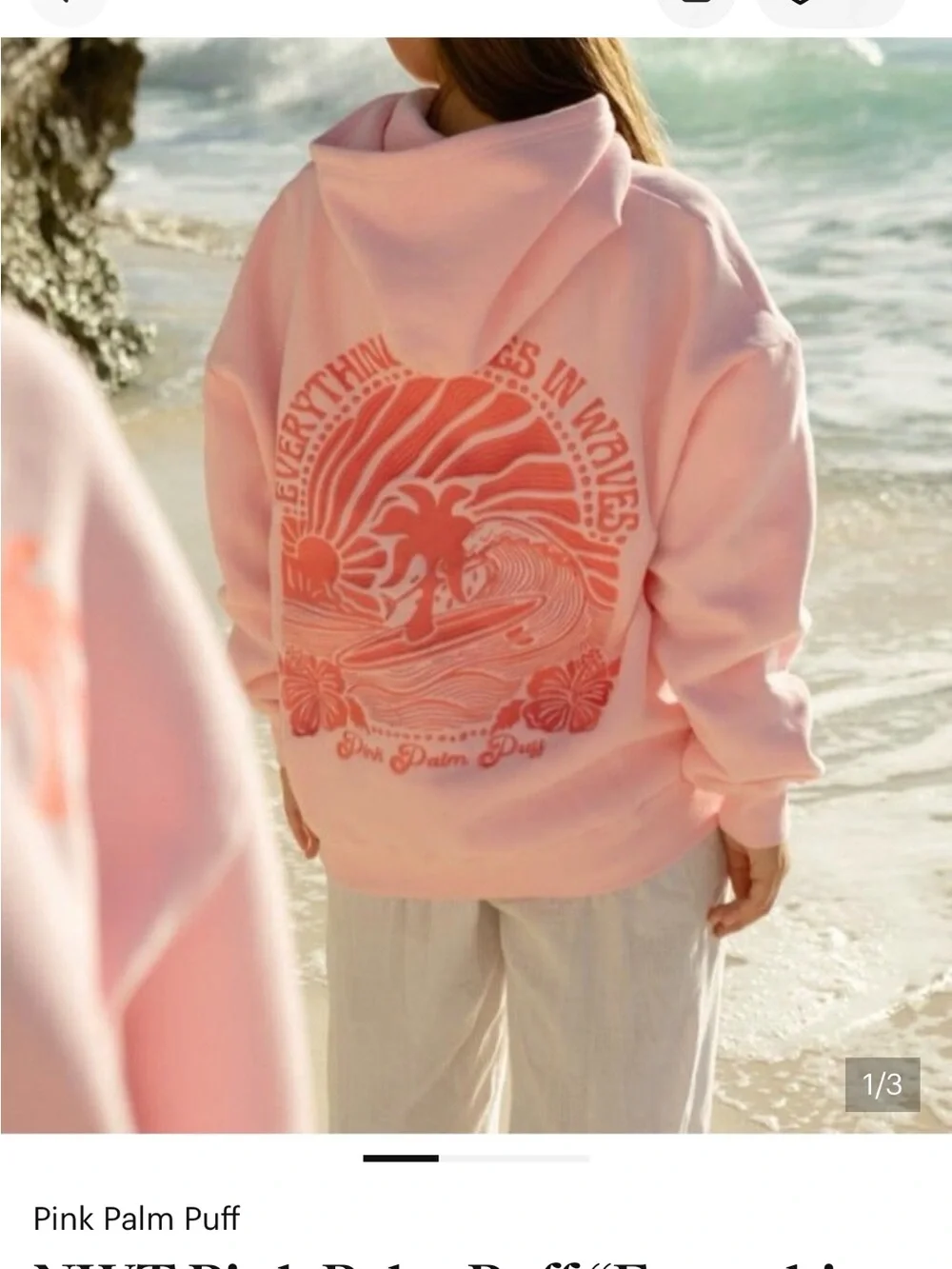 Pink Palm Puff Hoodie Small “Everything Comes in Waves”